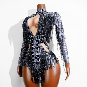 Combinaison pour femme adulte à motif argenté futuriste et franges de strass noirs, style Dark Glamour, pour Cyber Rave, <span class=keywords><strong>Majorette</strong></span>, Drag Queen et tenue de scène - Product Image 3