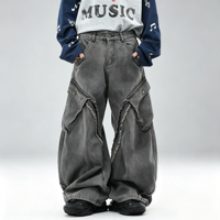 SOONREE Jean cargo clouté personnalisé pour homme, noir, coupe ample, en denim, multi-panneaux, à rabats effilochés, style punk streetwear