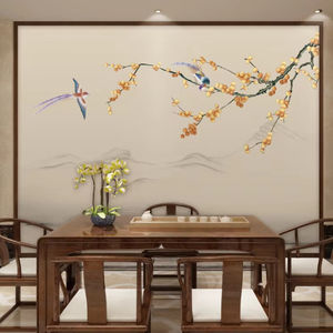 Zhenling Digitale Gedrukte Inkt & Pruimenvogel Geborduurd Behang Voor Binnenhuiswanddecoratie - Product Image 1