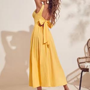 Vestido Casual Midi de Lino y Algodón Tejido para Mujer, Estilo Vintage 2025, Color Amarillo Claro, Cuello en V Profundo, Cintura Elástica - Product Image 2