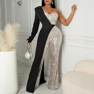 Elegante <span class=keywords><strong>Mono</strong></span> Formal de Pierna Ancha y Un Hombro Descubierto para Mujer, <span class=keywords><strong>Mono</strong></span> de <span class=keywords><strong>Lentejuelas</strong></span> de Lujo para la Noche - Product Image 1