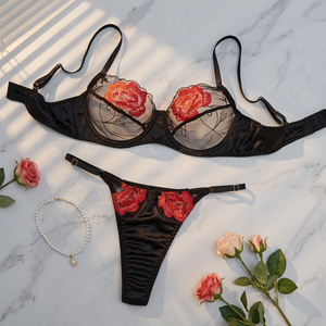 Wholesale Black Satin <b>Rose</b> Embroidery Sexy Lingerie Set <b>Light</b> Sheer Mesh Underwire Bra Thong Panties Set Lace Womens Intimates - Product Image 3