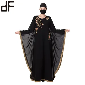 Vestido islámico de fábrica de ropa Estilo negro Abaya encaje bordado dorado Maxi vestido musulmán Dubai lujo último diseño Abaya