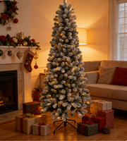 Sapin de Noël artificiel haut et mince de luxe, écologique, de haute qualité, floqué argenté, pré-éclairé, avec support métallique, pour décoration intérieure