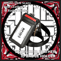 Portefeuille de travail en cuir véritable noir anti-RFID avec cordon pour cartes de crédit, cartes d'identité et badges – Tendance