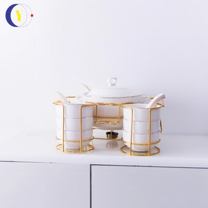 White Ceramic Stockpot Set with Lid Phnom Penh Design Heated Gold Rack Embossed Elegant <b>Dinnerware</b> - Product Image 2