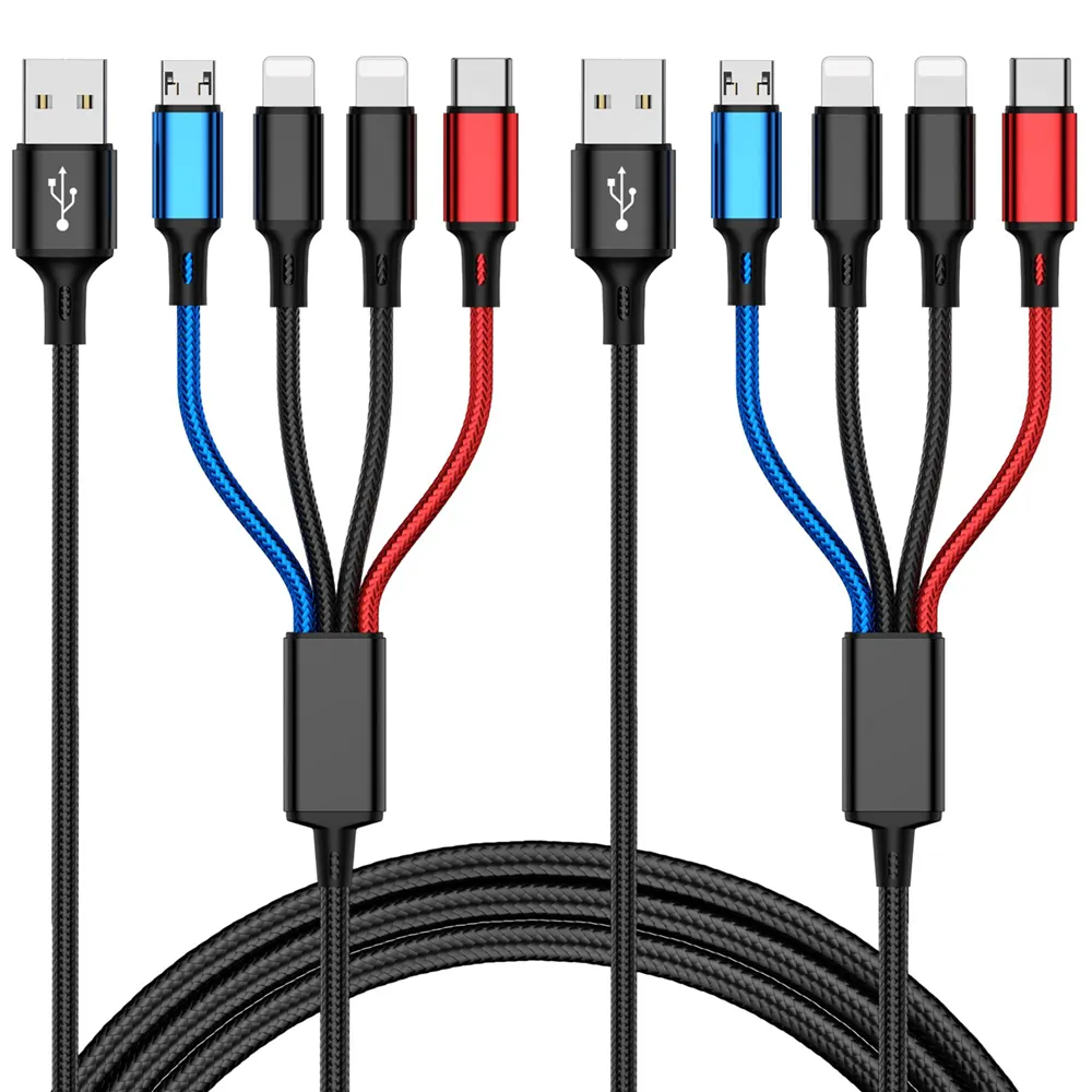 Cable de carga múltiple 4 en 1 Cargador Nylon Trenzado Múltiples USB Cable de cargador de teléfono rápido con IP Tipo-C Micro 4 en 1 cable de carga