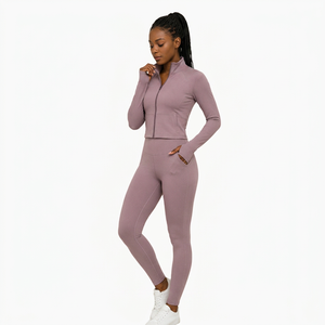 Premium Custom Women's Activewear Set 2-Piece Long Sleeve <b>Jacket</b> & Leggings Breathable Stretch Quick Dry Striped Yoga Gym Wear - Product Image 3