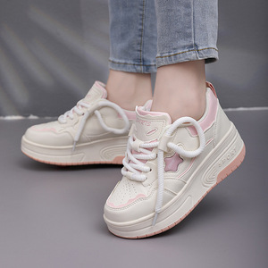 Chaussures Chunky pour femmes, baskets à plateforme, bout rond, à lacets, augmentant la hauteur, semelle extérieure en caoutchouc synthétique blanc, toutes saisons - Product Image 2
