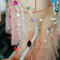 Mini-robe multicolore en strass, tulle rose nacré effet miroir argenté, maille nude sans manches, costume de scène pour spectacle de showgirl