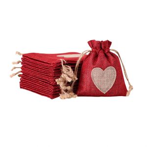 Petite pochette cadeau à cordon en toile de lin, sac en jute rouge pour mariage, fête, Noël - Product Image 1