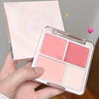 Palette de fards à joues crème 4 couleurs en gros sous marque privée, fini mat et scintillant, illuminateur en forme de cœur, maquillage visage en vrac avec éponge