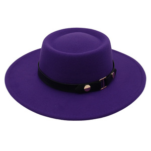 Chapeau Fedora d'hiver européen chaud couleur unie à grand bord en feutre chapeau de Jazz haut plat style rétro pour femmes en polyester/coton tissu - Product Image 3