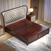 Lit minimaliste moderne en bois massif de style chinois avec tête de lit souple 1.8m double taille placage ébène et espace de rangement rembourré