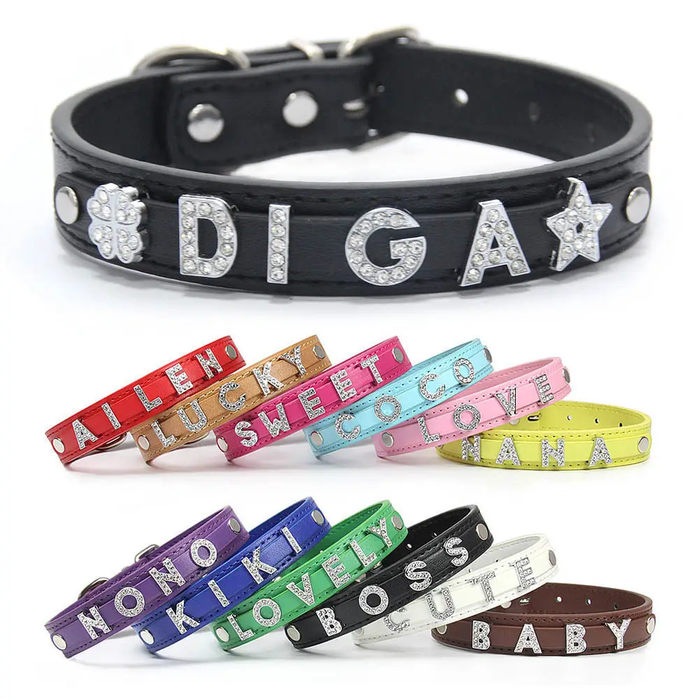DIY Personalized Dog Collar PU Leather Rhinestone Bling Charms Adjustable DIY-Named Collar for Puppy Medium Large Pet Dog