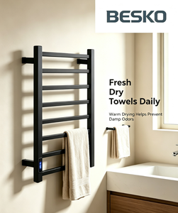 Sèche-serviettes électrique mural BESKO <span class=keywords><strong>noir</strong></span> <span class=keywords><strong>mat</strong></span> en acier inoxydable intelligent avec minuterie et contrôle de la température - Product Image 1