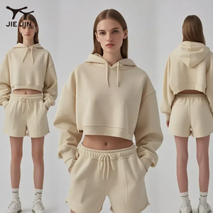 Jiejin OEM chất lượng cao Y2K phụ nữ trống BAGGY 2 mảnh <span class=keywords><strong>Crop</strong></span> Top mồ hôi quần short và hoodie <span class=keywords><strong>Set</strong></span> - Product Image 3