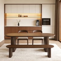 Ensemble de table à manger ovale en noyer massif de style mid-century avec base en piédestal cannelé, construction entièrement en bois massif, 6 chaises de salle à manger