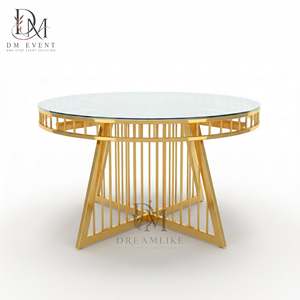Table ronde d'événement en acier inoxydable doré avec base à tiges géométriques et plateau en verre trempé miroir, vente en gros - Product Image 2