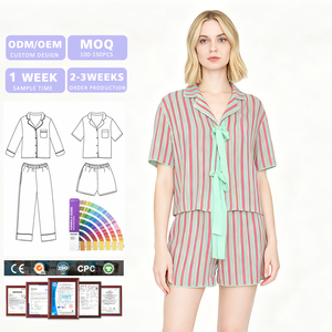 Ensemble de pyjama rayé à manches courtes pour femmes, en coton et fibre de bambou, doux, vêtements de détente d'été avec nœud papillon et fermeture avant - Product Image 1
