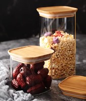 Pot de conservation alimentaire carré en verre borosilicate soufflé à la main sans BPA 800 ml, micro-ondable, empilable avec couvercles en bambou