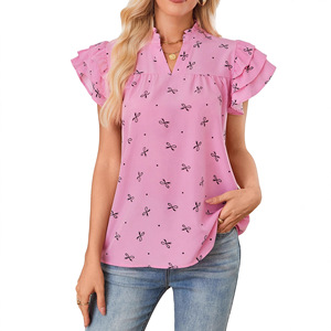 Blusa de Mujer con Estampado Dulce, Cuello en V, Mangas con Volantes Multicapa, Estilo Europeo Americano, Nueva Colección Verano 2025 - Product Image 3