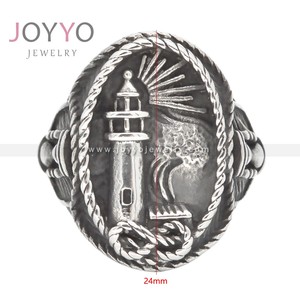 Bagues pour hommes Viking en acier inoxydable plaqué argent, avec <span class=keywords><strong>pierre</strong></span> verte taille princesse, style punk, design <span class=keywords><strong>phare</strong></span> et sablier, pour fiançailles - Product Image 5