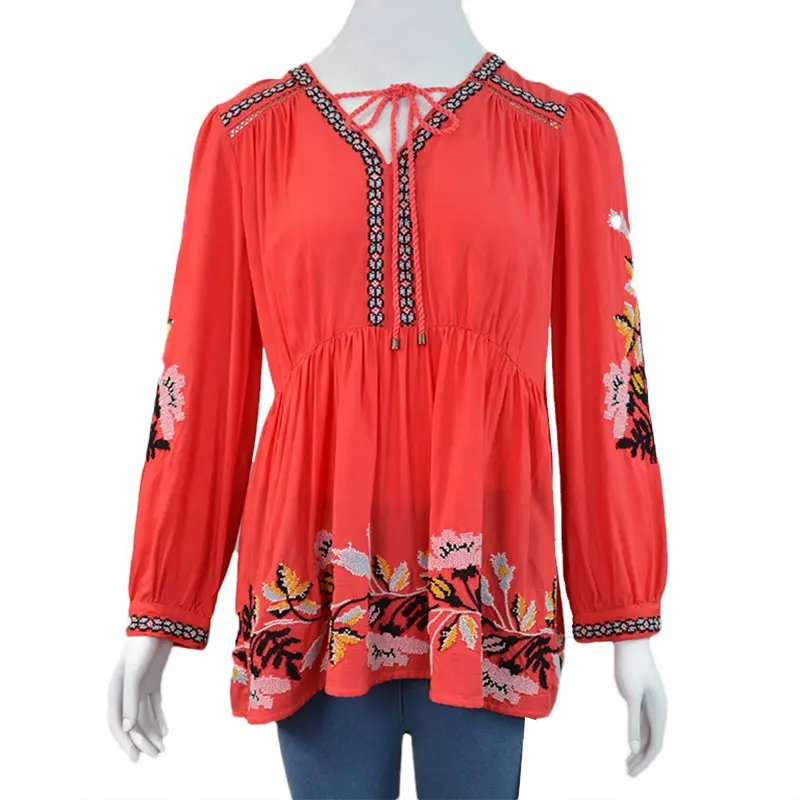V Neck Red Embroidery Boho Women Tops Long Sleeve Loose Lace Up Ladies Shirts Chic Summer Blouse STb-0600