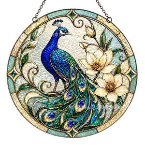 Colgante de Pavo Real de Vidrio Teñido Haiqi, Adorno Circular de Vidrio con Plomo para Colgar en Ventanas, Decoración para el Hogar - Product Image 1