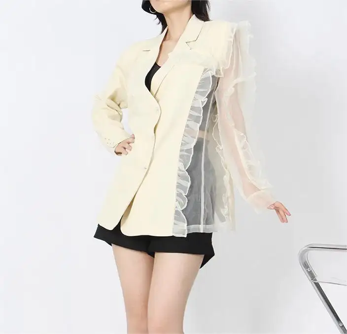 Independent design blazer jacket asymmetric ruffled mesh blazer stitching silhouette blazer jacket for women