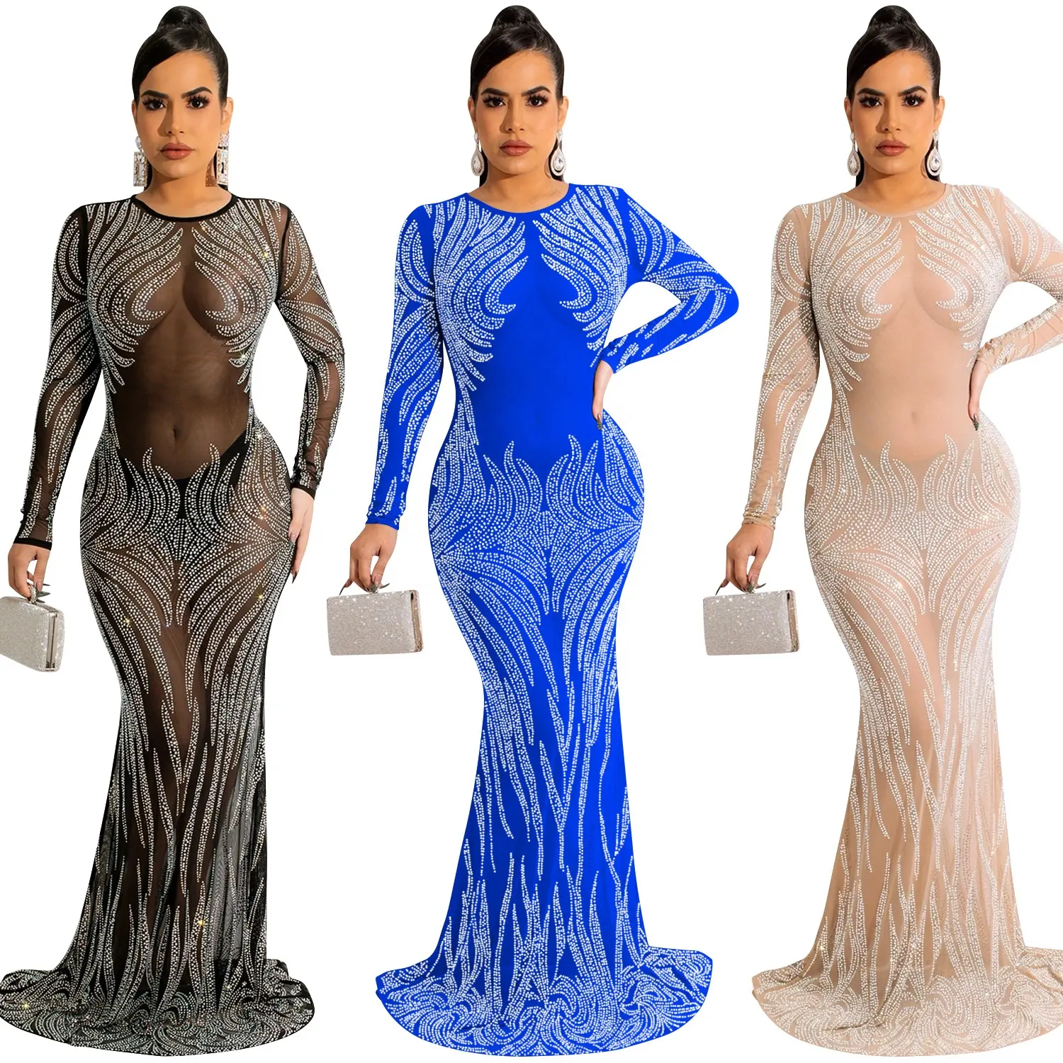 2023 Luxury Ladies Rhinestone See Through Bodycon Long Sleeve Maxi Dresses Sexy Club Diamond Shiny Prom Evening Dresses