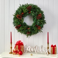 KagaJo Karangan Bunga Natal Pinus Buatan 24 Inci dengan Lampu LED Desain Modern Cabang Evergreen Realistis untuk Dekorasi