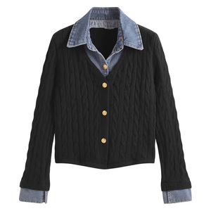 Denim Patchwork Twisted Knit <b>Cardigan</b> Jacket For Women Single Breasted Loose Fit Full Sleeve Contrast Color - Product Image 2