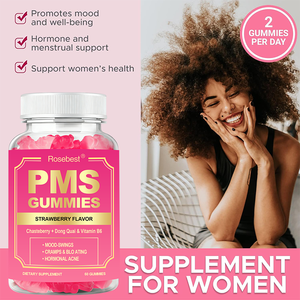 Compléments alimentaires naturels à la saveur de fraise Rosebest pour l'équilibre hormonal féminin, à base de plantes, avec du chasteberry, du dong quai et de la vitamine B6, en forme de gommes pour les troubles du cycle menstruel (PMS) - Product Image 4
