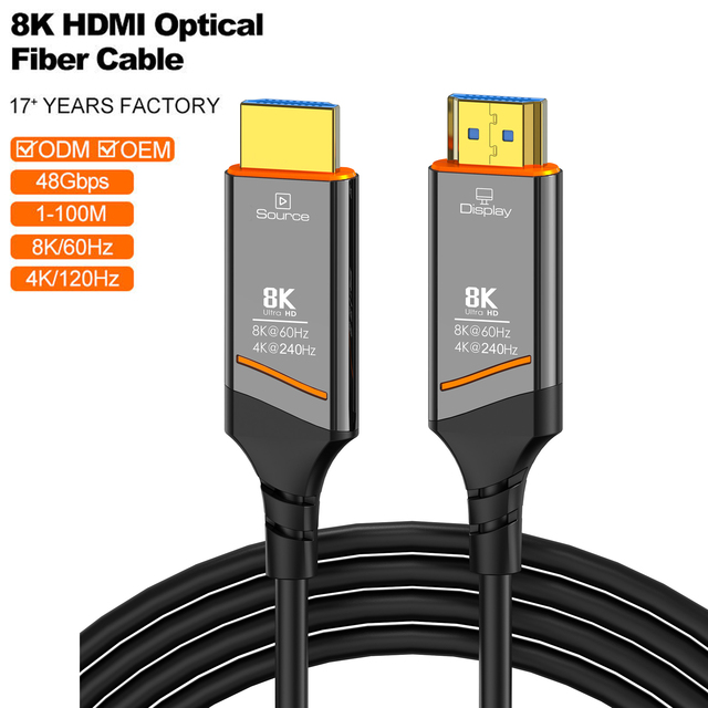 HDMI 2.1 Active Optical Fiber Cable 8K/60Hz 4K/240Hz HDR 48Gbps Zinc Alloy Shell Engineering Grade for Monitor TV Projector PS5