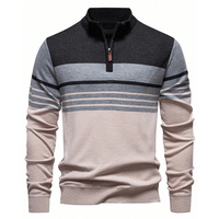 En promotion, Nouvel arrivage : Pull en maille pour homme à blocs de couleur et rayures, avec col montant infroissable et fermeture éclair quart de tour, idéal pour les sorties décontractées.