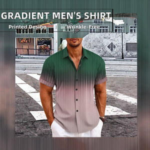Chemise décontractée d'été pour homme, design graphique dégradé, col rabattu, bleu, vert foncé, vert kaki, anti-plis, douce - Product Image 3