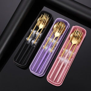 Bộ dao dĩa mạ vàng bằng thép không gỉ, có logo tùy chỉnh theo phong cách Hàn Quốc, kèm đũa và thìa, dĩa có tay cầm màu sắc. - Product Image 3