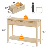 Table console en rotin à 3 tiroirs de 51,2 pouces