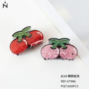 Fermaglio per capelli Cherry 8 cm rosa rosso con disegno a foglia verde per donne e ragazze - Product Image 1