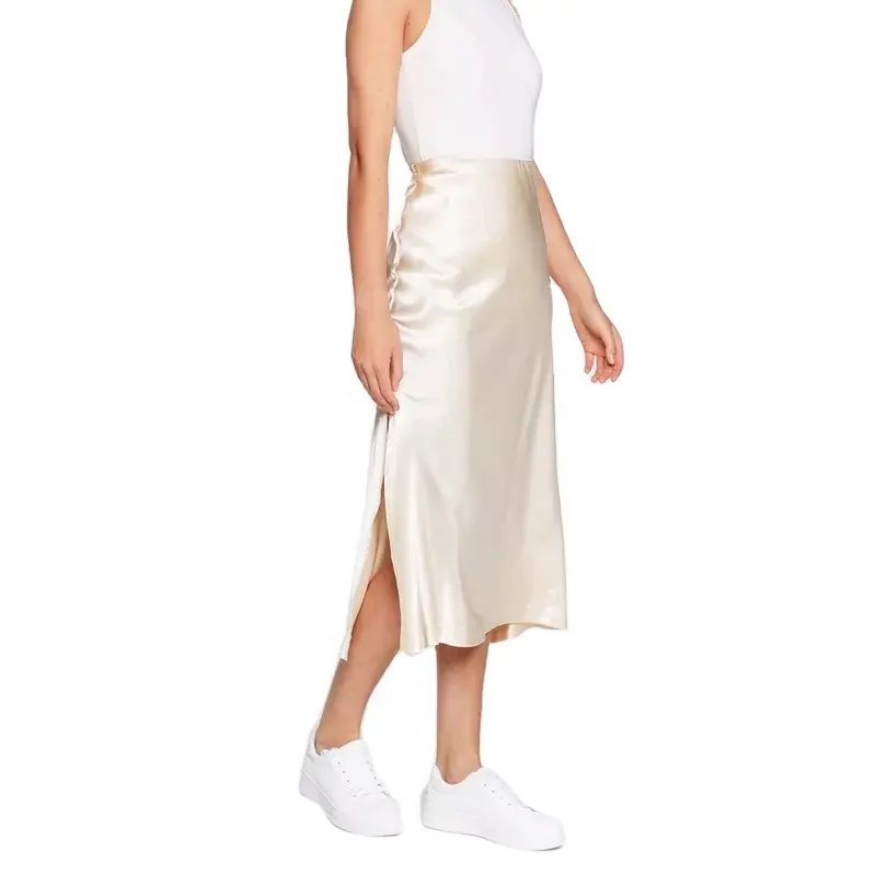 OEM FTY Womens Summer Trendy Satin Slit Midi Skirt For Modern Girls Silk Black And White Midi Pencil Skirts Ladies Office Women