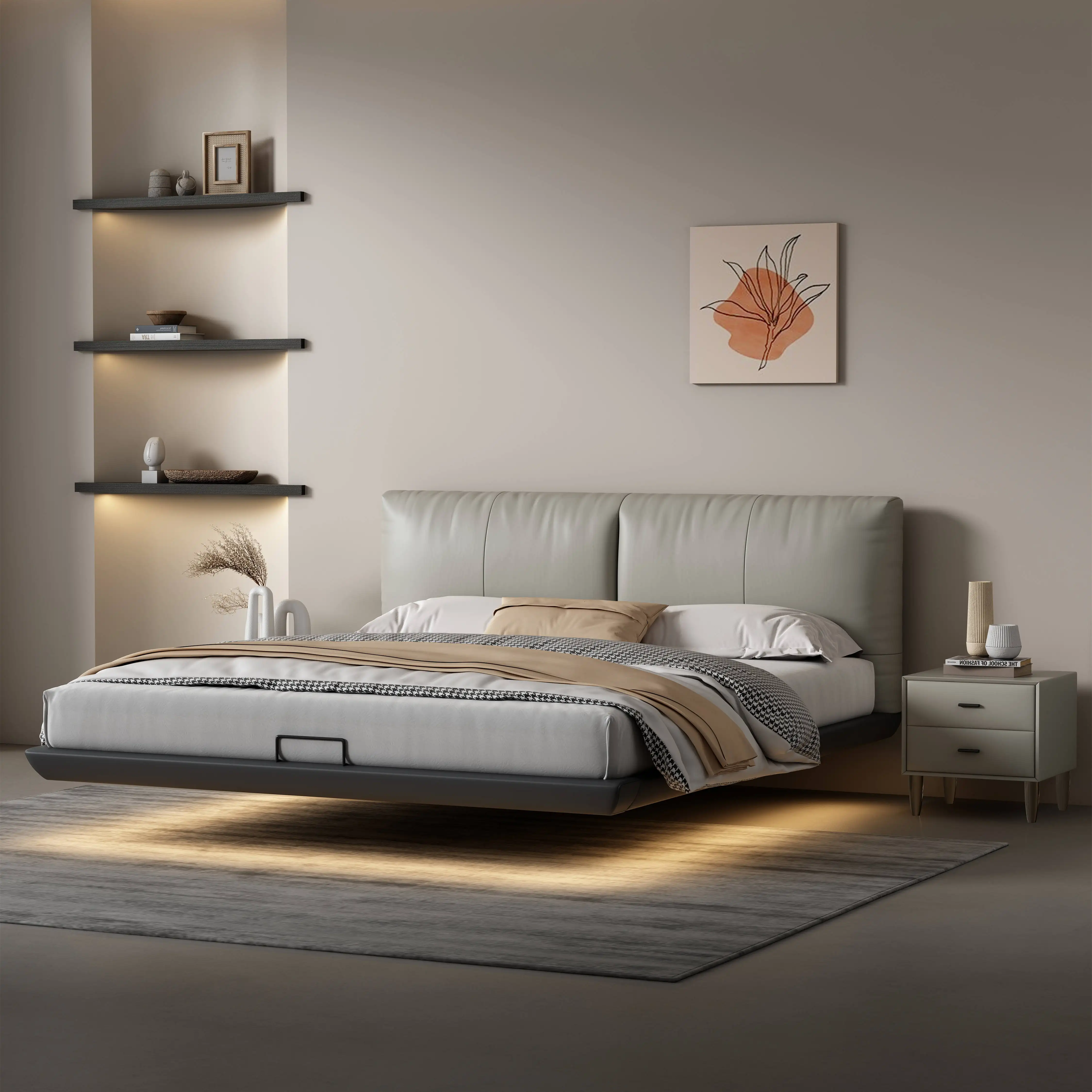 Lit flottant magnétique couverture en cuir ou en tissu lévitation douce lit à plateforme flottante fait à la main décor de chambre à coucher