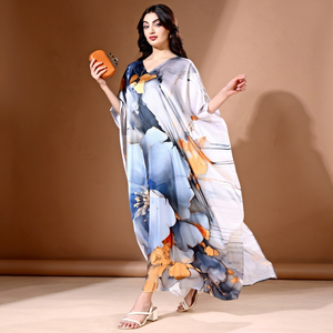 High Quality Designer Turkish Style <b>Kaftan</b> Women Polyester Handmade Batwing Sleeves V Neck Regular Fit Flared Hem Midi Party - Product Image 1