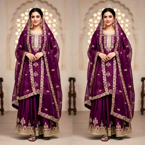 Ensemble Salwar Kameez en soie brodée violette traditionnel indien pakistanais pour femmes, coupe régulière, longueur au sol, tenue de mariage - Product Image 1