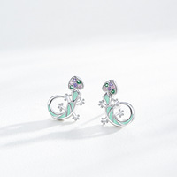 Pendientes de Plata de Ley S925 con Esmalte de Gecko y Lagarto, Incrustados con Circonitas Pequeñas, Pendientes de Animales Lindos, Joyería de Moda para Mujer