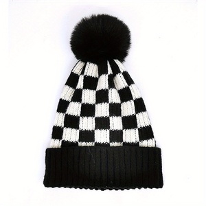 Women Autumn Winter Checkerboard Patterned Woolen Ball Knitted Hat Custom Warm Soft Ear Protection Winter Cap <strong>Pom</strong> <strong>Pom</strong> <strong>Beanie</strong> - Product Image 2