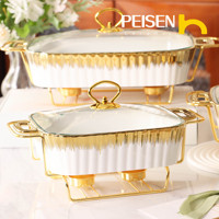 Plat de service rectangulaire en céramique de 13 pouces avec couvercle en verre, support doré et double chauffe-plat à bougies pour buffet de mariage et traiteur