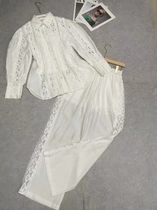 เสื้อสองชิ้นแฟชั่นฤดูใบไม้ร่วงของผู้หญิงเสื้อลูกไม้แขนยาวเย็บปะติดกางเกงขากว้างเอวสูงกระชับสัดส่วน - Product Image 4