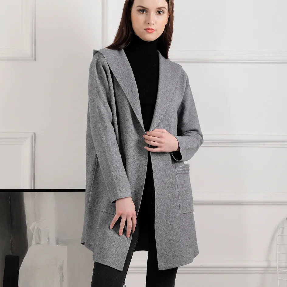 Winter Elegant Women gray hooded jacket long cardigan sweater women