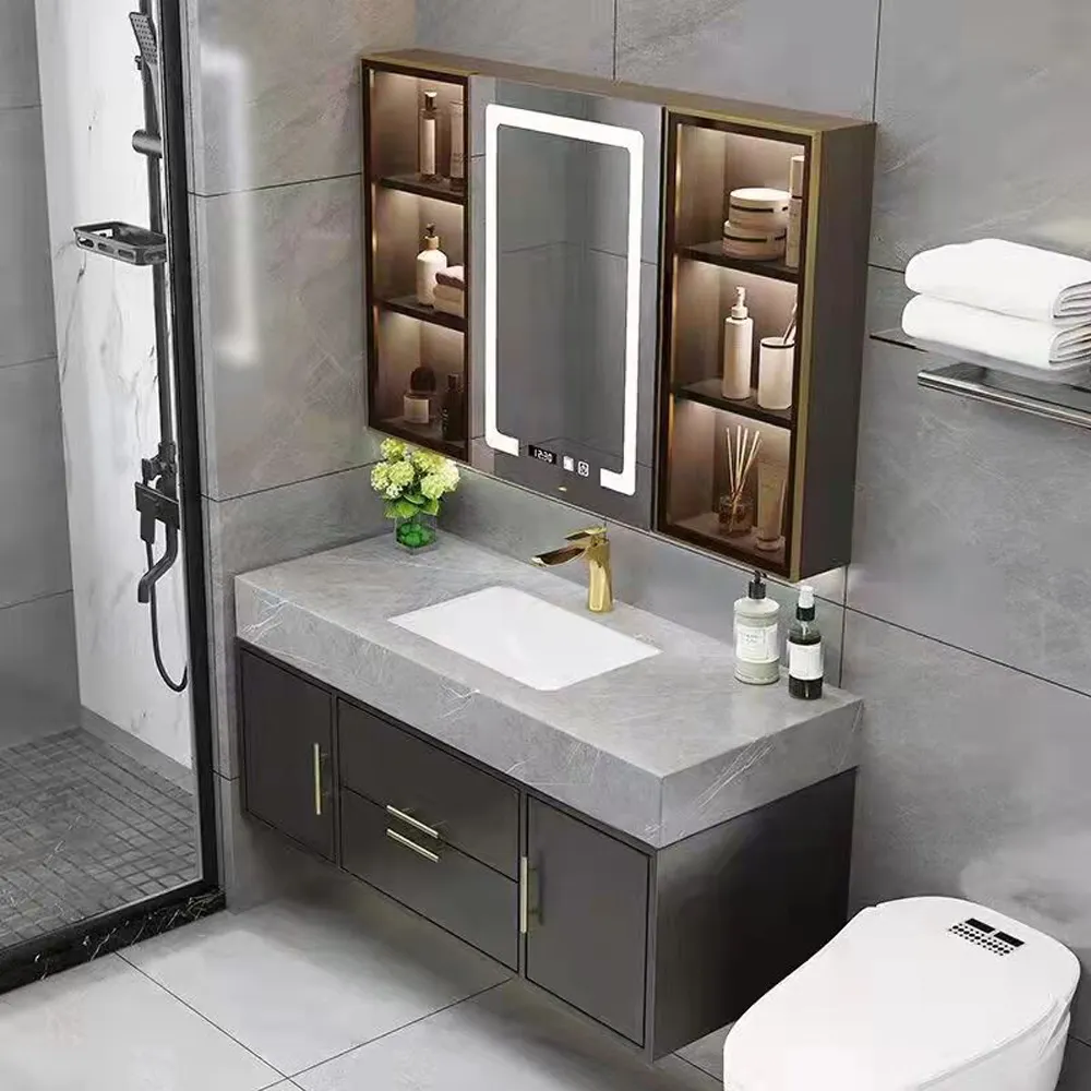 High-capacity vanity modern plywood bathroom cabinet luxury bathroom vanities set with drawers and mirror